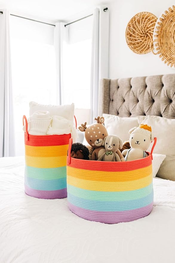 OrganiHaus Large Blanket Basket for Living Room 20x13, Rainbow Rope Basket for Classroom Organization, Toy Storage Basket, Woven Kids Laundry Basket, Baby Toy Box, Cute Storage Basket, Nursery Hamper-Ruum Studio Home