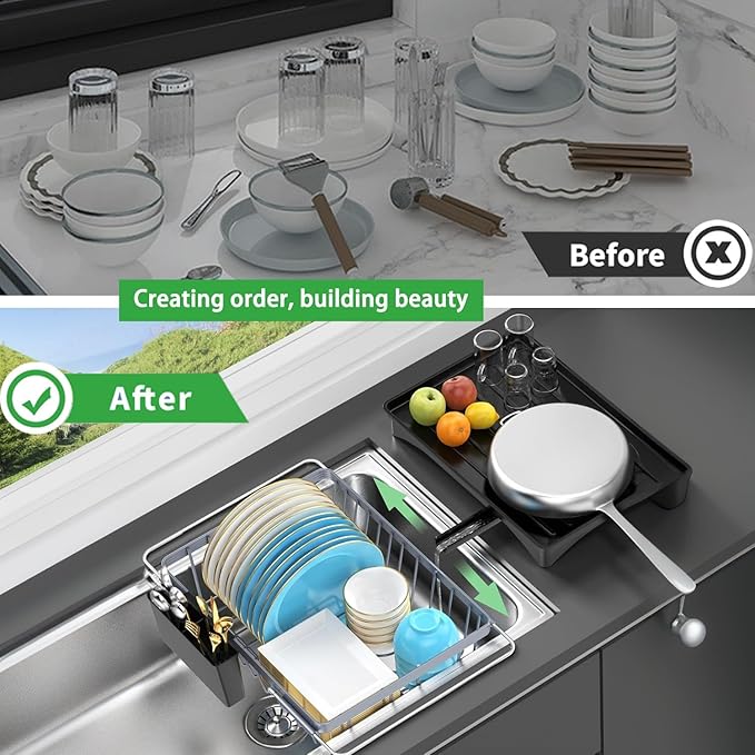 LEMIKKLE Expandable Dish Drying Rack- Space-Saving Dish Rack, Dish Drainers for Kitchen Counter with a Cutlery Holder, Over The Sink Dish Racks Fit for 14’’-19’’ Kitchen Sink Grey-Ruum Studio Home