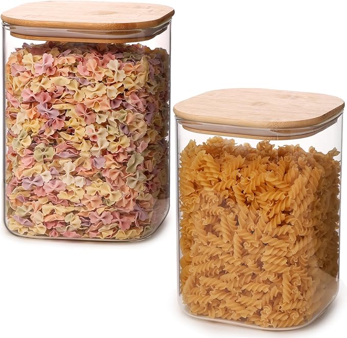 Glass Food Storage Jars 150 Set of 2,Glass Storage Containers Clear Glass Food Canister with Bamboo Lid Airtight For Serving Tea, Coffee, Flour, Sugar, Candy, Cookie, Spice and More (Square)-Ruum Studio Home