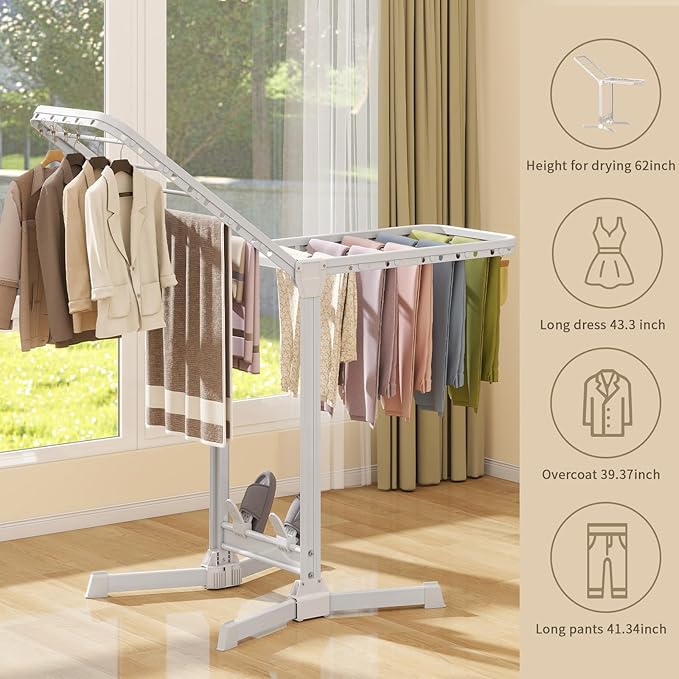 Heavy Duty Clothes Drying Rack Foldable, Aluminum Large Drying Rack Clothing with 2 Height-Adjustable Drying Wings, Laundry Racks for Drying Clothes,Easy to Fold,Indoor Outdoor Use-Ruum Studio Home