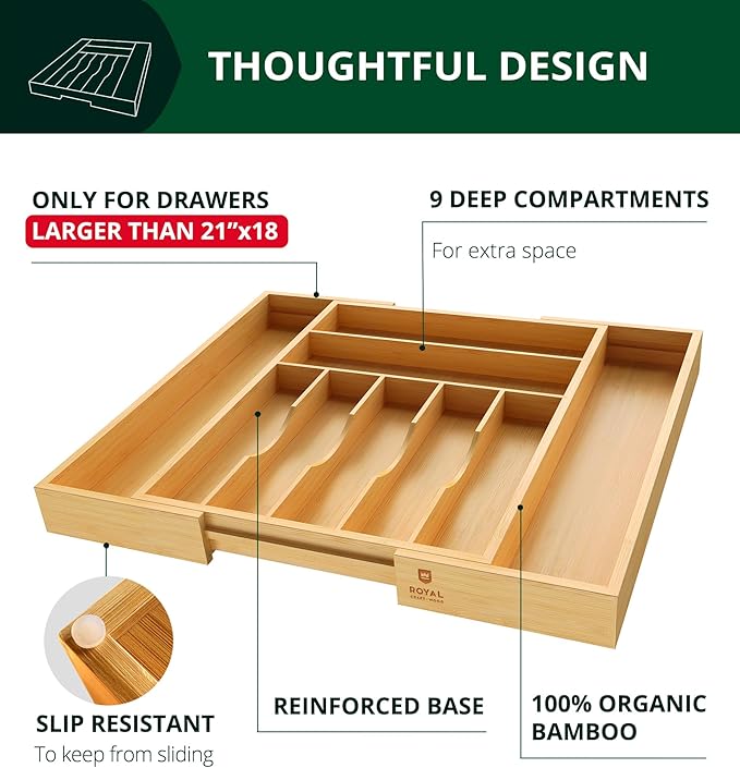 ROYAL CRAFT WOOD Luxury Bamboo Kitchen Drawer Organizer - Silverware Organizer, Utensil Holder & Cutlery Tray Drawer Dividers for Flatware (9 Slot, Natural)-Ruum Studio Home