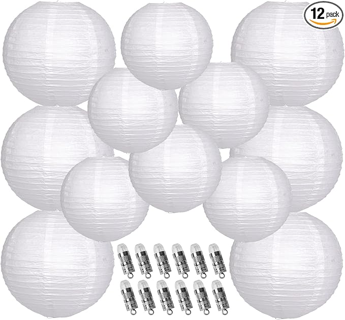 Paper Lanterns Decorative, White Hanging Round Chinese Lanterns with Lights for Wedding Anniversary Birthday Party 12 LED Light Pack of 12-Ruum Studio Home