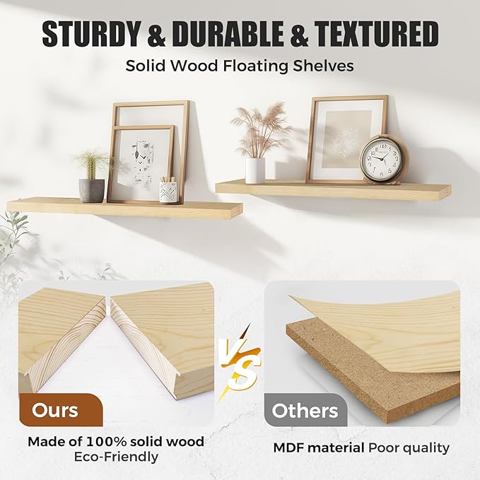 Floating Wall Shelves 4-Pack - Rustic Wood 16-inch Wooden Wall Shelves for Storage and Décor, Multi-Functional and Easy to Install for Living Room, Bedroom, and Kitchen-Ruum Studio Home