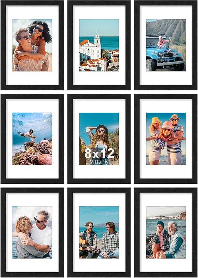 Vittanly 8x12 Picture Frames Set of 9, Shatter Resistant Plexiglass, Display 6x8 Pictures with Mat or 8x12 without Mat, Photo Frames for Wall or Tabletop, Engineered Wood, Black-Ruum Studio Home