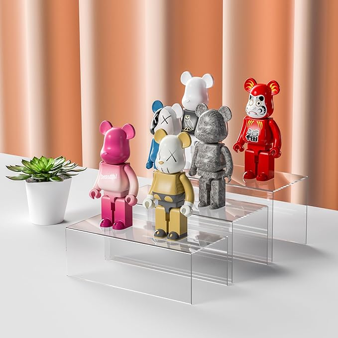 Clear Display Risers Shelf 3pcs, Countertop Rectangular Acrylic Display Storage Organizer, Acrylic Stands for Funko Pop Figure, Cosmetics, Bags, Shoes, Toys, Collectibles - 12- 4'', 5'', 6''-Ruum Studio Home
