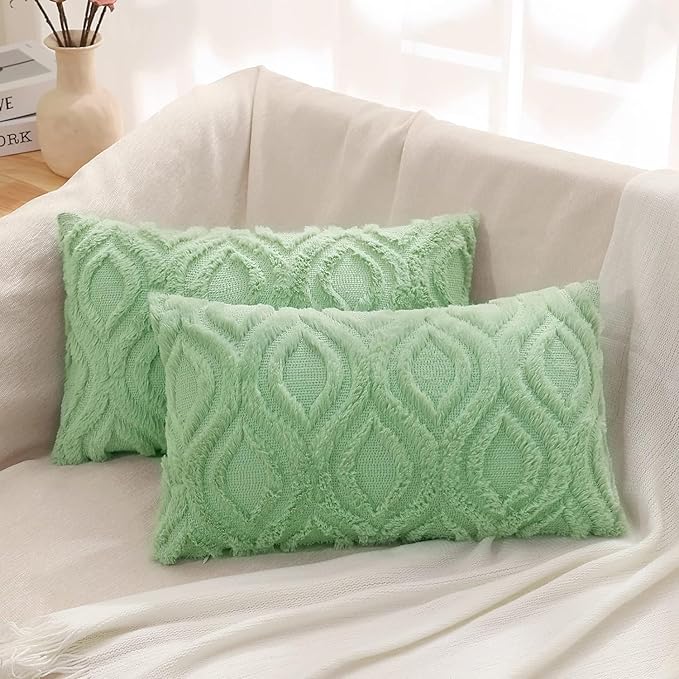 decorUhome Throw Pillow Covers 12x20 Inch Set of 2, Soft Plush Decorative Faux Fur Sage Green Solid Couch Pillow Covers, Accent Farmhouse Neutral Lumbar Euro Pillow Cases for Sofa Bed Living Room-Ruum Studio Home
