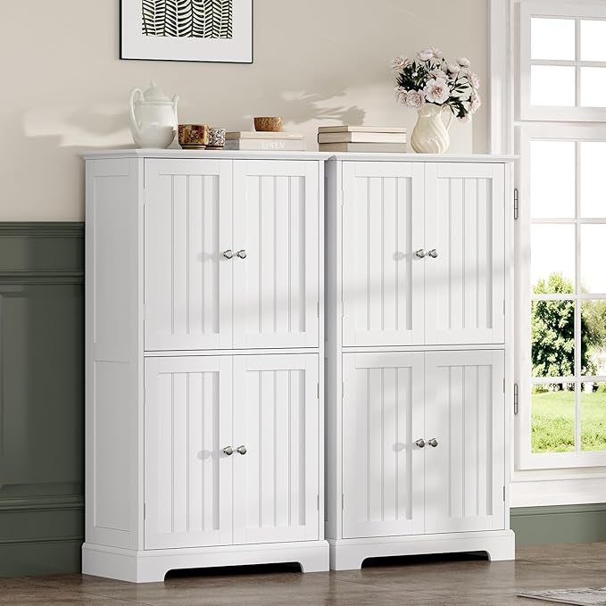 ChooChoo Bathroom Floor Cabinet, Modern Bathroom Storage Cabinet with 4 Doors and Adjustable Shelves, Freestanding Cupboard for Living Room, White-Ruum Studio Home