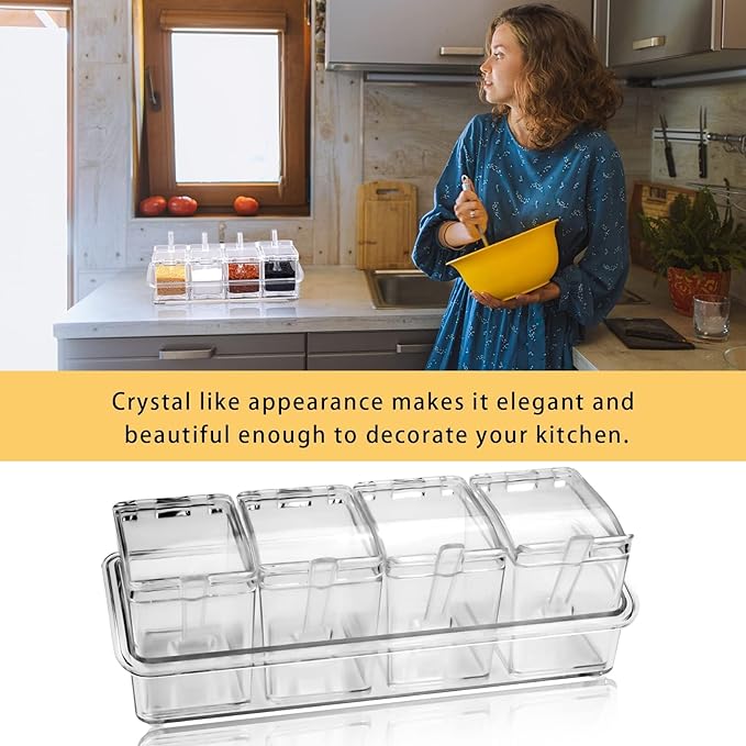 4-Cell Clear Seasoning Rack Spice Box, Storage Container Condiment Jars Acrylic Seasoning Box with Cover and Spoon (Basic Clear)-Ruum Studio Home