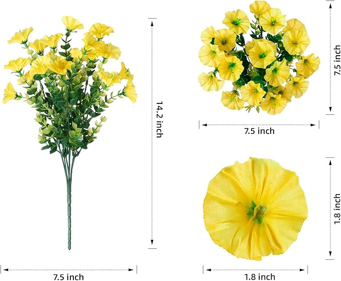Artificial Mums for Outdoors Fake Fall Flowers Plants for Autumn Decoration, 12 Bundles Silk Morning Glory with Eucalyptus Look Real UV Resistant Yellow Faux Mums for Outside Planters Front Door Yard-Ruum Studio Home