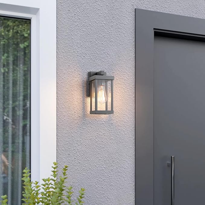 mirrea 11" Classic Outdoor Wall Sconce 1 Light in Matte Gray Rectangular Metal Frame and Clear Glass Shade Waterproof Porch Light Patio Light Pack of 2-Ruum Studio Home