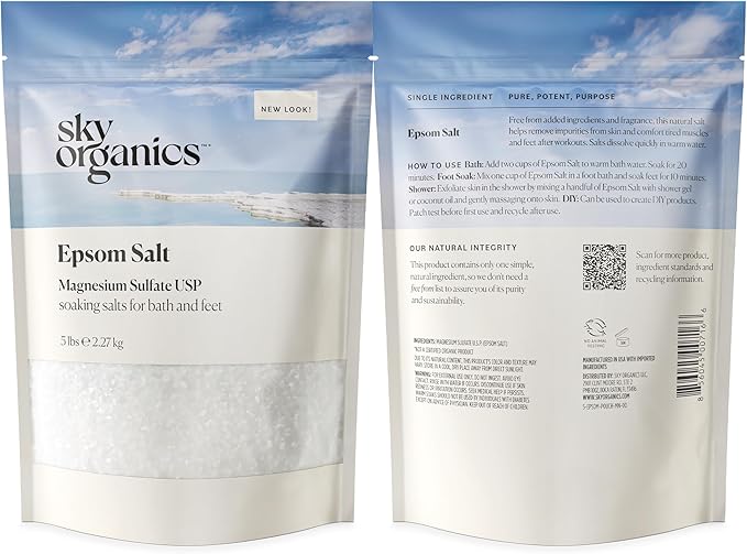 Sky Organics - Epsom Salt Bath Soak, 5 lbs - Magnesium Sulfate USP - 100% Pure, Medium Grain - Unscented - Soaking Bath Salts - Resealable Bag - Natural, Vegan & Cruelty Free - Self Care - Bath & Feet-Ruum Studio Home