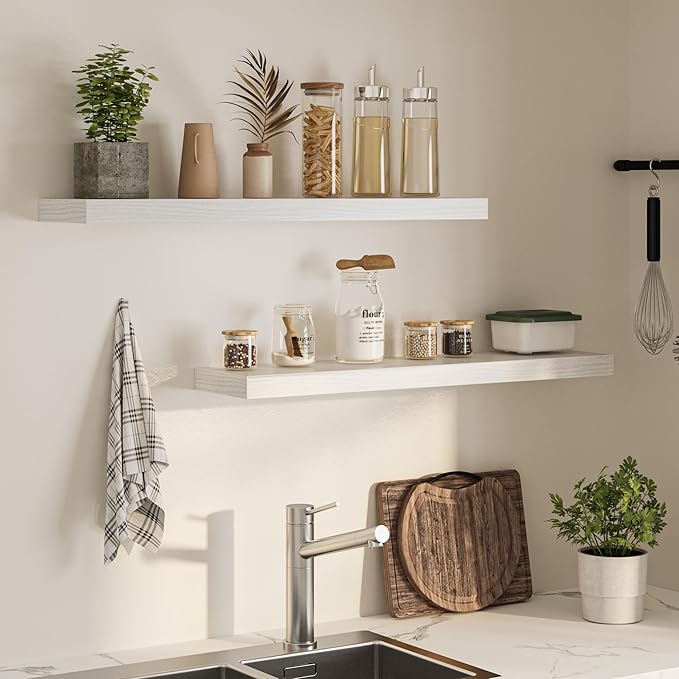 Floating Shelves for Wall,40" W x 8" D x 1.5" H, Wooden Wall Mounted Display Shelves with Invisible Brackets for Living Room, Bedroom, Bathroom, Kitchen Decor and Storage, Set of 2, White-Ruum Studio Home