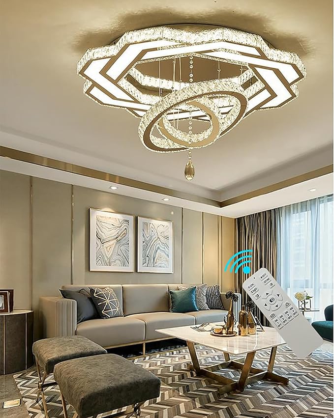 Flashing God Crystal Chandeliers Dia 32" Silver Elegant Chandelier Flush Mount Ceiling Light for Bedroom Living Room Dining Room Hallway Dimmable 3 Rings LED Celing Lighting Fixtures-Ruum Studio Home