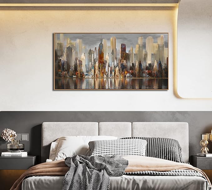 Mofutinpo Abstract Modern Canvas Wall Art for Living Room Cityscape New York Wall Decor City Theme Paintings Brown Framed Pictures Office Artwork Wall Decor Bedroom Above Bed-Ruum Studio Home