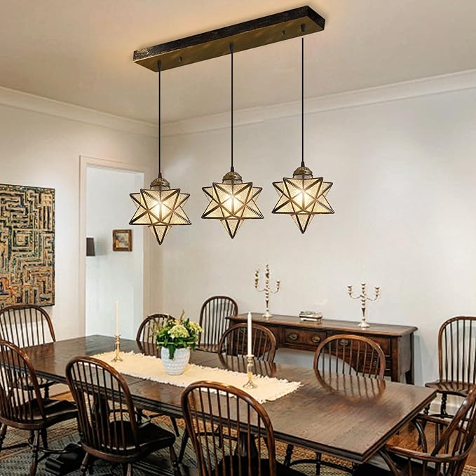 Glass Glam Chandelier 3 Lights Star Pendants Light Fixture for Dining Table Kitchen Island Modern Ceiling Hanging Lights Included LED Warm Light Bulbs Oiled Bronze-Ruum Studio Home