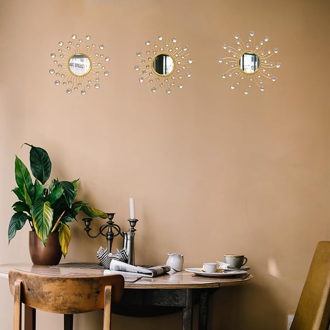 Mirror Wall Decor Wall Mirrors Decorative Sunburst Boho Mirror Gold Mirror Wall Art Metal Decor Mirror Hanging Living Room Bedroom Bathroom Set of 3-Ruum Studio Home