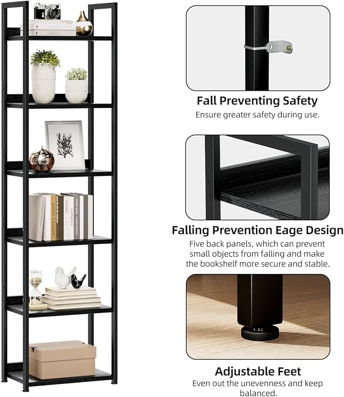 NUMENN Narrow Bookshelf, 6 Tier Bookshelves, Home Office Bookcase Shelf Storage Organizer, Free Standing Storage Shelving Unit for Bedroom, Living Room and Home Office, Black-Ruum Studio Home