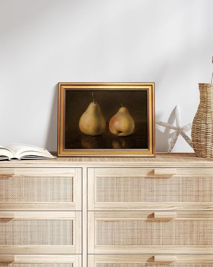 HUARCEY Gold Framed Vintage Wall Art for Living Room, Pear Fruits Painting Prints Shelf Decor for Kitchen, Aesthetic Bedroom Wall Art Decor, Christmas Gift for Friends or Family (Two Pears 12"x16")-Ruum Studio Home