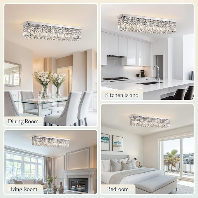 Modern Crystal Chandelier, 8-Lights Rectangle Chandelier Rectangular Flush Mount Pendant Ceiling Light Fixture K9 Crystal Raindrop Chandeliers for Dining Living Room Kitchen Island 𝐋𝟒𝟎 𝐈𝐧𝐜𝐡-Ruum Studio Home