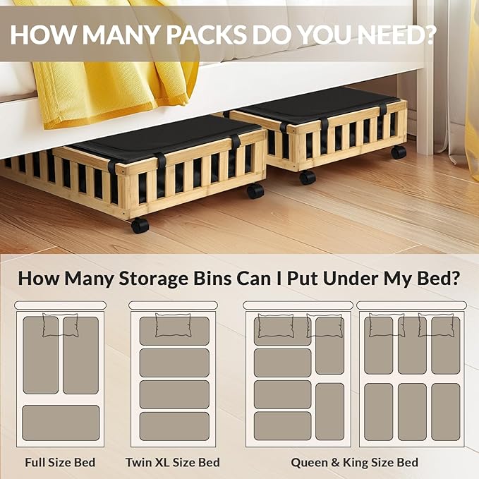 2 Pack Bamboo Under Bed Storage with Wheels, 39”x20”x7.8” Lager Under Bed Storage Containers (Natural)-Ruum Studio Home