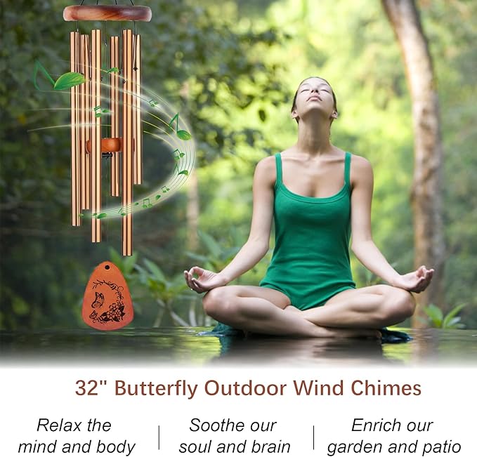 Wind Chimes for Outside, 32" Butterfly Windchime for Outdoor, Butterfly Gifts for Mom Sister, Garden Patio Gift Ideas for Women Friend Co-Worker (Golden)-Ruum Studio Home