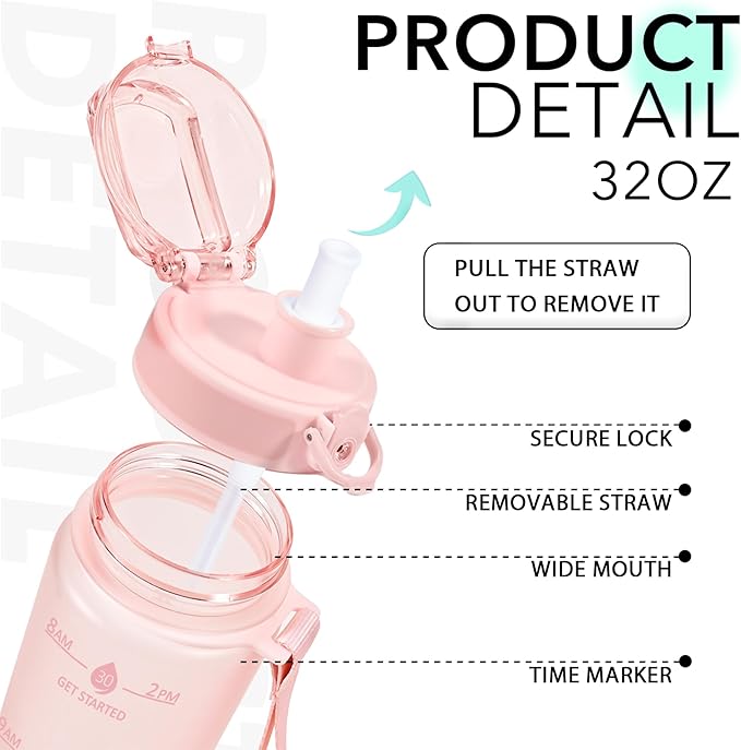 32oz Motivational Water Bottles with Time Marker & Fruit Strainer, Transparent Gradient Color Water Bottle with Times to Drink, Leakproof & BPA Free, Reusable Bottle with Strap (No Straw)-Ruum Studio Home