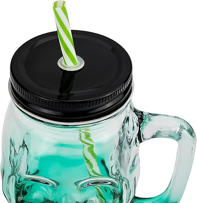 Halloween Cups Set of 4 - Green Skull Glass Drinking Jar with Lids and Straws - Halloween Decor, Drinking Glasses 16 oz-Ruum Studio Home