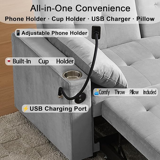 70" Queen Size Sofa Bed for Living Room – Pull-Out Sleeper Sofa Couch with Cup Holder, Phone Holder, USB Charging Port, Solid Wood Frame, Easy Assembly, Space-Saving Design for Small Apartments-Ruum Studio Home