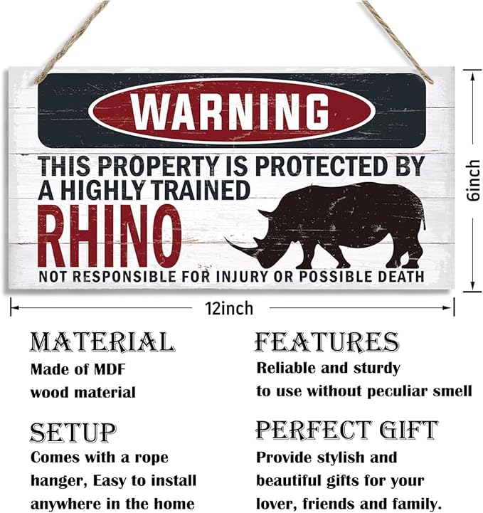 Warning Sign, Bhino Warning Wood Plaque Sign, Funny Door Signs, Decorative Wood Hanging Suspension Plaque, Farmhouse Wooden Wall Decor, Outdoor Hanging Wooden Signs-Ruum Studio Home
