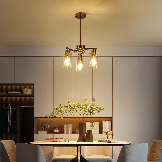 3-Light Gold Dining Room Chandeliers Over Table, Contemporary Kitchen Island Pendant Lighting, Industrial Hanging Light Fixture for Entryway Hallway Foyer Bedroom, Clear Glass Shade-Ruum Studio Home