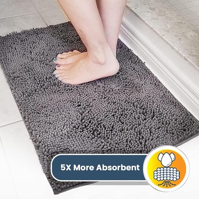 Muddy Mat® 4-Piece Grey Medium 30"X19" AS-SEEN-ON-TV Highly Absorbent Microfiber Door Mat, Bath Mat and Pet Rug, Non Slip Thick Washable, Soft Chenille for Kitchen Bathroom Bedroom Indoor and Outdoor-Ruum Studio Home