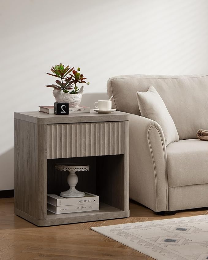 SICOTAS Night Stand Nightstand with Drawer Storage Fluted Bed Side Table End Table Large Modern Wide Bedside Stand Mid Century Night Stands for Bedroom Living Room Sofa Couch Home Office, Grey Alder-Ruum Studio Home
