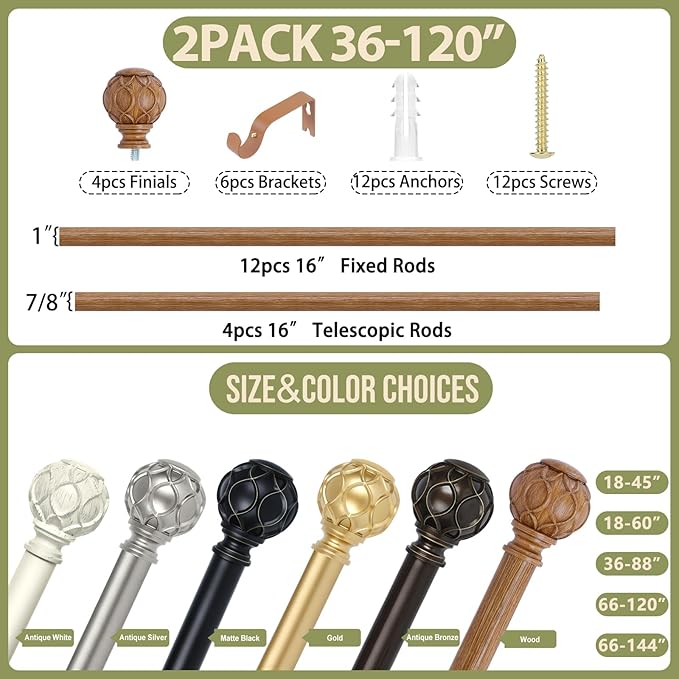 2 Pack Wood Curtain Rods for Windows 66 to 120 Inch,1 Inch Adjustable Curtain Rod Set,Heavy Duty Curtain Rods,Wooden Netted Texture Drapery Rods,Single Window Curtains Rods 66-120",Brown Wood-Ruum Studio Home