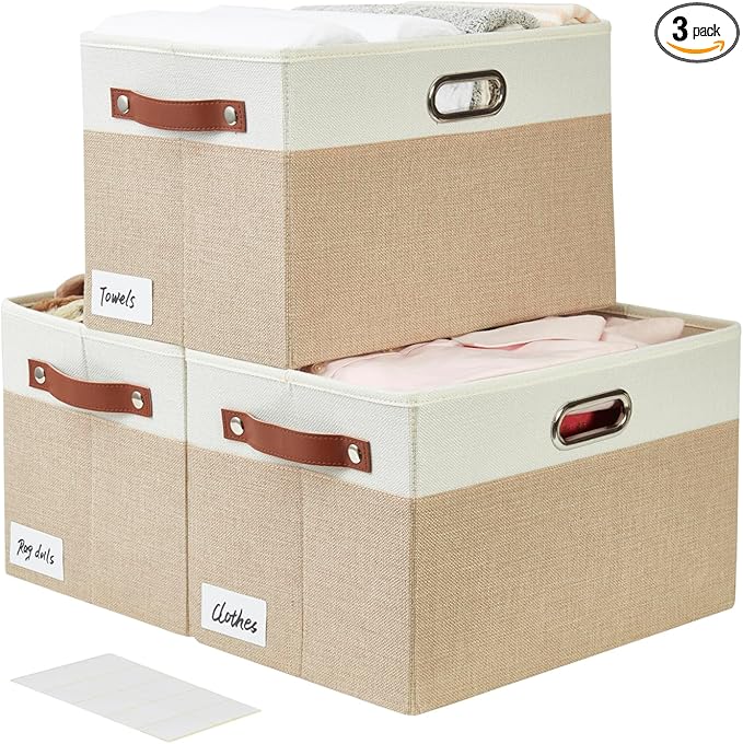 Large Collapsible Fabric Storage Bins with 3 Handles, Foldable Organizer Baskets for Closet, Shelves, Living Room | 3 Pack, Durable PU & Metal Handles (14.9"x9.8"x9.8", Beige & White)-Ruum Studio Home