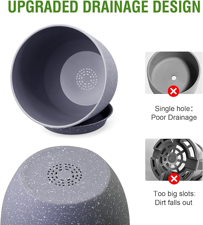 10/9/8 inch Plant Pots, Set of 3 Modern Decorative Plastic Planters with Drainage Holes and Saucers for Garden House Plants, Flower Pots for Indoor Outdoor Plants, Speckled Grey-Ruum Studio Home