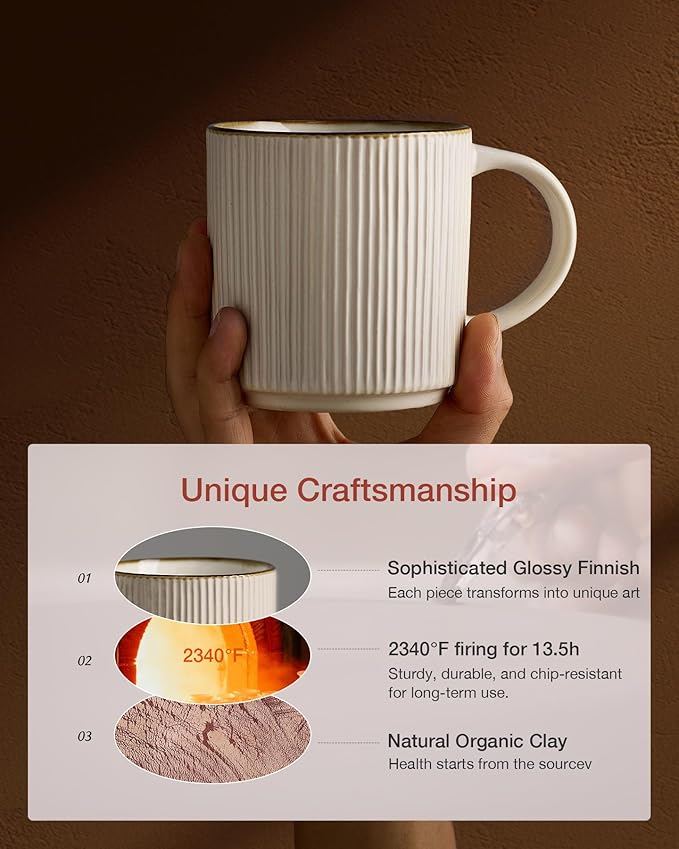 famiware Coffee Mug Set for 4, Star 12 oz Catering Mugs Cup Set with Handle for Coffee, Tea, Cocoa, Milk - Ceramic Stoneware Drinkware Set, White-Ruum Studio Home