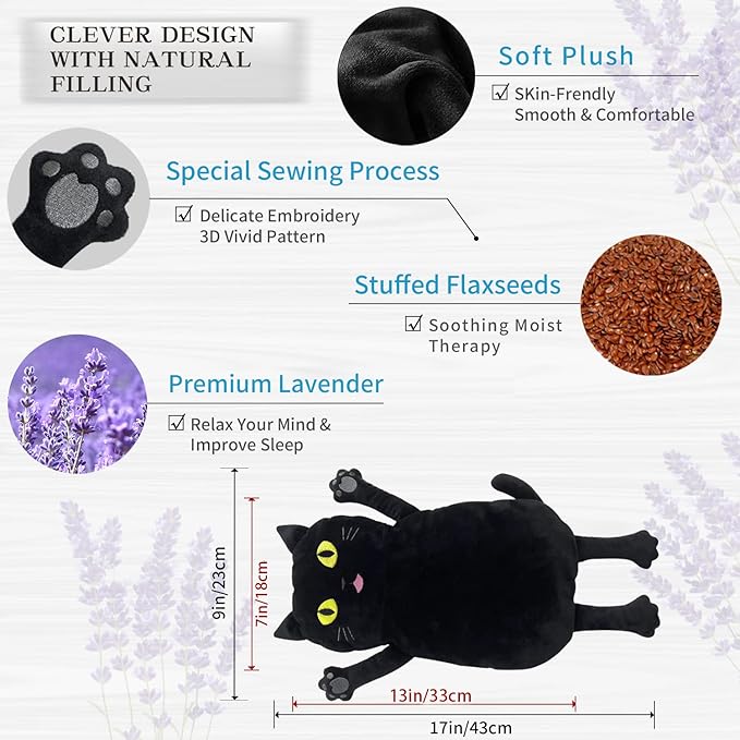 Microwave Heating Pad for Pain Relief, 17" x 9" Microwavable Heating Pads for Cramps, Back Pain, Neck Shoulder, Muscles, Knee, Joints, Natural Heat Pack Moist Heat, Black Cat-Ruum Studio Home