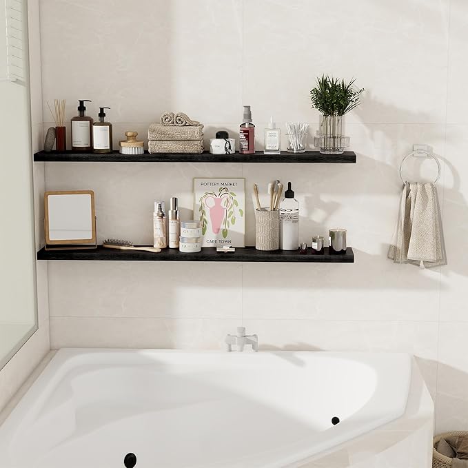 Floating Shelves for Wall, 48 Inch Floating Shelves for Home Decor, Wall Mounted Rustic Wood Shelves, Bathroom, Hanging Deep Shelf for Bedroom, Living Room, Kitchen (Black, Set of 2)-Ruum Studio Home