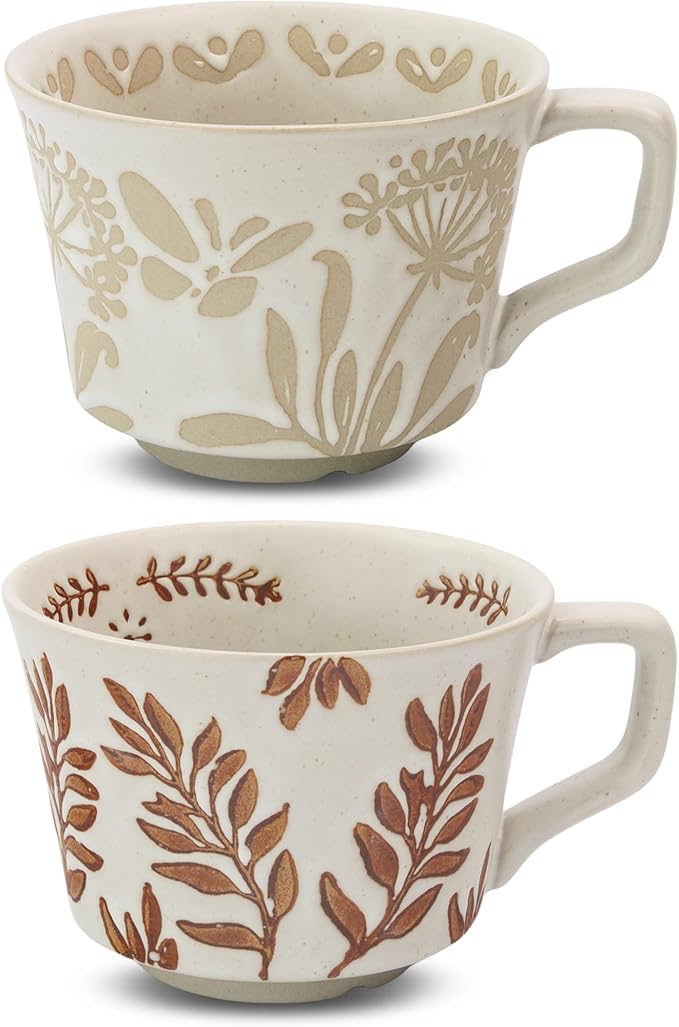 Ceramic Coffee Mug, 12 oz Novelty Unique Teacup with Large Handle, Stoneware Cup for Tea Mocha Latte Cappuccino Espresso (Set of 2, Butterfly and Ivy)-Ruum Studio Home