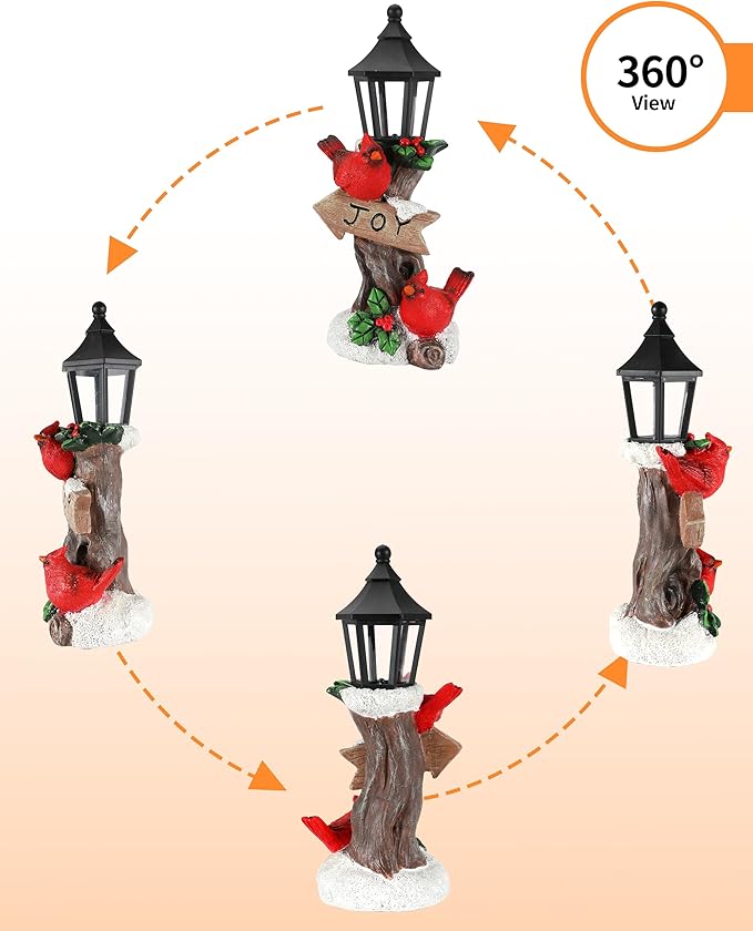 iStatue Lighted Cardinal Christmas Ornaments - 10’’ Resin 2 Red Birds Joy Lamp Post Figurine with Candle Lantern - Unique Xmas Decorations Indoor Decor Gift (Cardinal)-Ruum Studio Home
