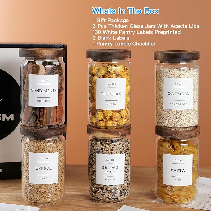 6 Set Glass Pantry Storage Jars with Acacia Airtight Lid - 23oz Thicken Glass Kitchen Canisters with 132 Pantry Labels - Clear Glass Food Storage Containers with Wood Lid for Tea,Sugar,Cookie,Coffee-Ruum Studio Home