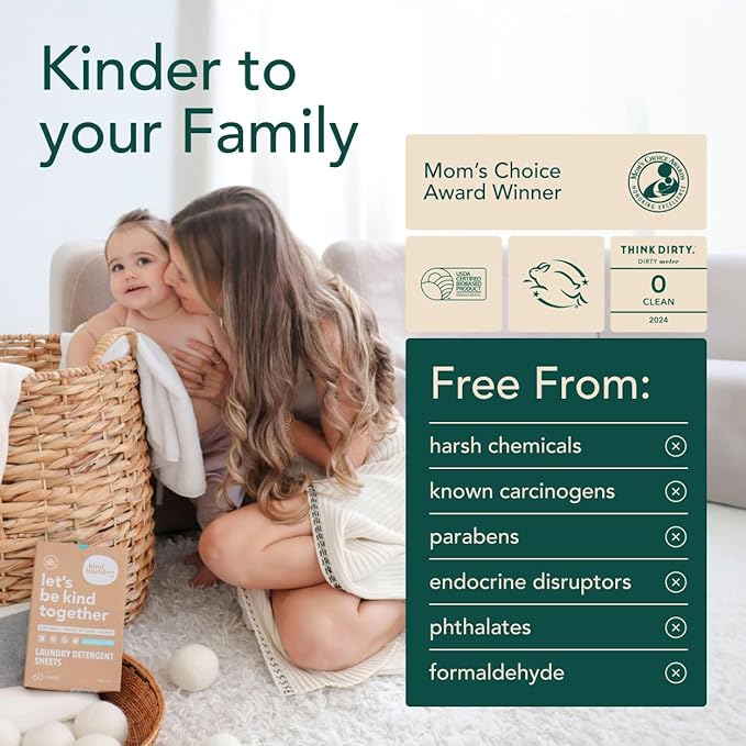 Kind Laundry Detergent Sheets with Stain-Fighting Enzymes - Plant Powered Eco-Friendly Laundry Soap Sheets - Home or Travel Laundry Detergent Fragrance Free, 60 Loads (Mom's Choice Award Winner)-Ruum Studio Home