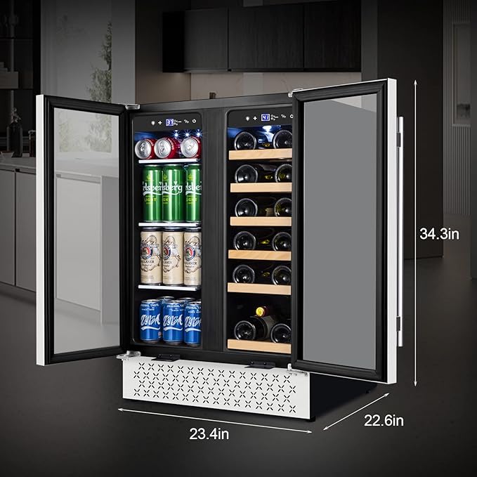 Tylza Wine and Beverage Refrigerator 24 Inch Dual Zone, French Door Wine and Beverage Cooler 24'' Built-In or Freestanding Drink Fridge, Under Counter Beer Refrigerator-Ruum Studio Home