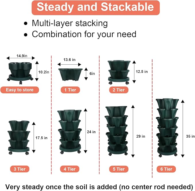 Vertical Planter 6 Tier Stackable Planters Garden Planters Strawberry Herb Flower and Vegetable Planter Indoor Outdoor Gardening Pots with Removable Wheels and Tools 2-Pack-Ruum Studio Home