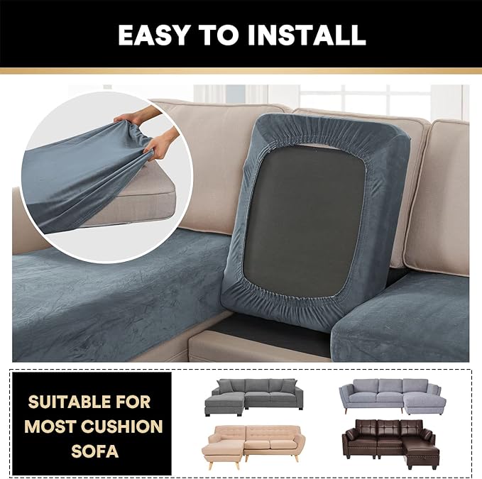 PrinceDeco Sectional Couch Covers 3 Pieces Velvet Sofa Covers L Shape Soft Couch Covers for Sectional Sofa Corner Sofa Cover Couch Cover for Dogs Washable (2 Seater + 1 Chaise,Stone Blue)-Ruum Studio Home