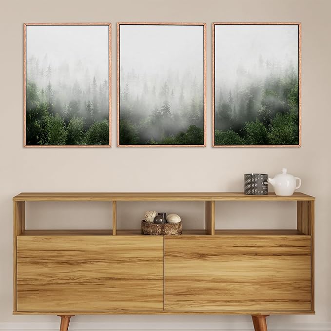 HPINUB Misty Green Forest Framed Canvas Wall Art Set, Nature Scenery Modern Wall Decor, Foggy Mountain Wall Painting, Woodland Landscape Nursery Art Print for Living Room, Bedroom, Office - 16"x24"x3-Ruum Studio Home
