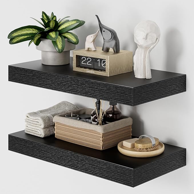 Heimlove 12" Deep Black Floating Shelves for Wall, 24 Inch Wall Shelf Bathroom Shelves Set of 2, Wall Mounted Shelves for Books Living Room Laundry Room Bedroom Kitchen Home Office-Ruum Studio Home