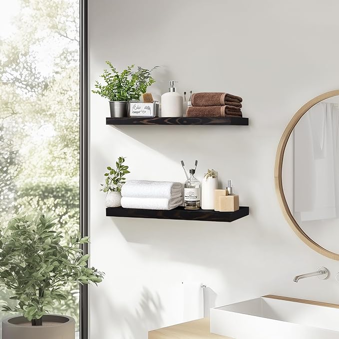 Floating Wall Shelves - 16"x6.8"x1.2" Sturdy Rustic Black Solid Wood Shelves for Storage and Décor, Easy Installation for Living Room, Bedroom, and Kitchen - 2 Pack-Ruum Studio Home
