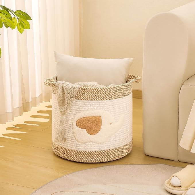 Large Blanket Baskets for Living Room Decor, Toy Storage Baskets Woven Cotton Rope Storage Basket for Kids, Dog Toys Organizer Clothes Hamper with Embroidery Decor for NurseryLaundry (Large, Elephant)-Ruum Studio Home