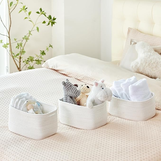 Small Cotton Rope Storage Basket Set of 3-11"x7"x7" Perfect Woven Baskets for Storage, Ideal Storage Baskets for Organizing Toys, Towels, and More - Baskets for Shelves and Home Decor（White）-Ruum Studio Home